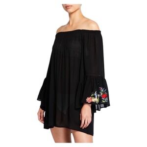 Johnny Was Casey Embroidered Bell Sleeve Tunic Coverup Large Black